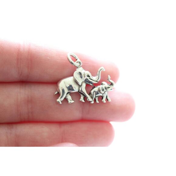 Sterling Silver Elephant and Calf Charm, Mom and Baby Elephant Charm - Picture 1 of 5
